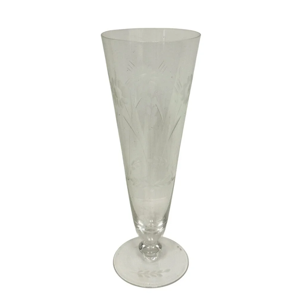 Vintage Etched Clear Footed Acrylic Trumpet Vase‎ Floral Wheat Pattern 10 Inch